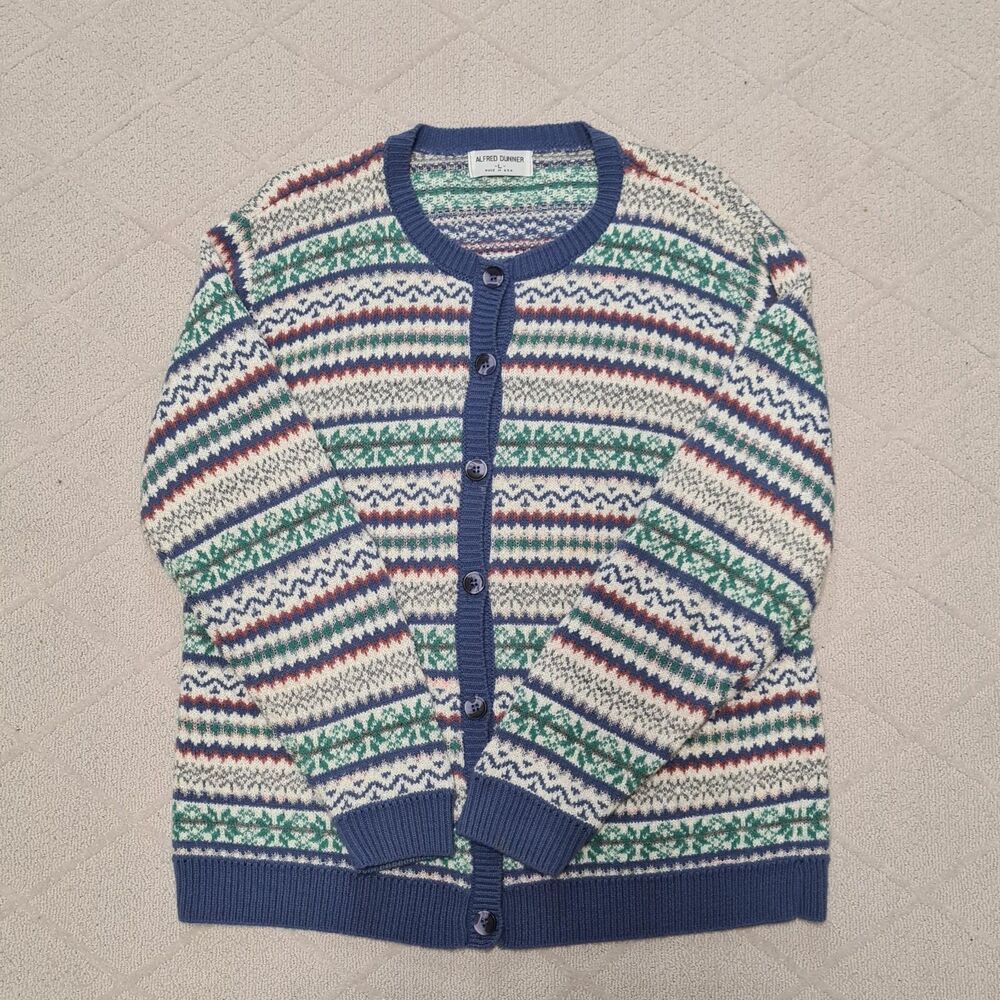VTG Alfred Dunner Cardigan Sweater Womens LARGE Fair Isle Crew Neck Casual